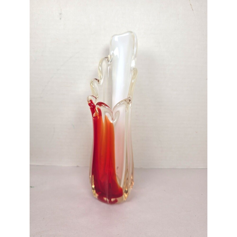 Vintage Murano Style Red Clear White Art Glass Bud Vase 9" Italian Retro Decor
